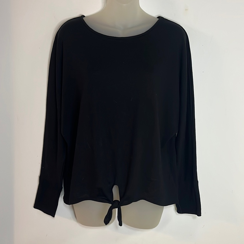 A. Byer T-shirt Women’s Size L Black Long Sleeve Knit Tie Waist Blouse